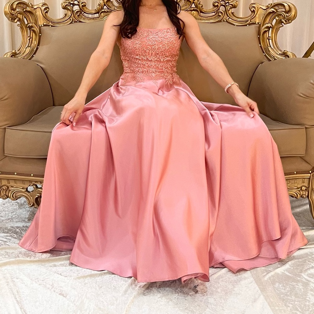 Fancy maxi dress. Princess style with trail. Lace corset style top.